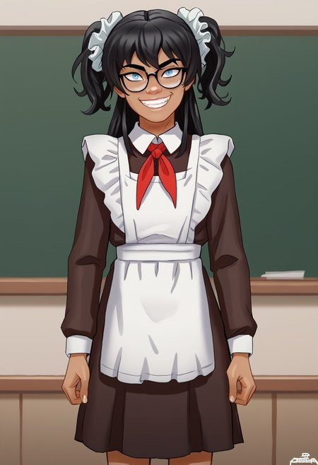 score_9, score_8_up, score_7_up, score_6_up BREAK, 1girl, solo, e4st3r-dh, grin, dark-skinned female, black hair, sidelocks, glasses, blue eyes, Soviet schoolgirl uniform, frilled apron, frilled hair scrunchie, red neckerchief, classroom <lora:Ester_Figueroa_PDXL:0.7> <lora:add-detail-xl:0.5> <lora:Soviet_Schoolgirl_Uniform:0.8>