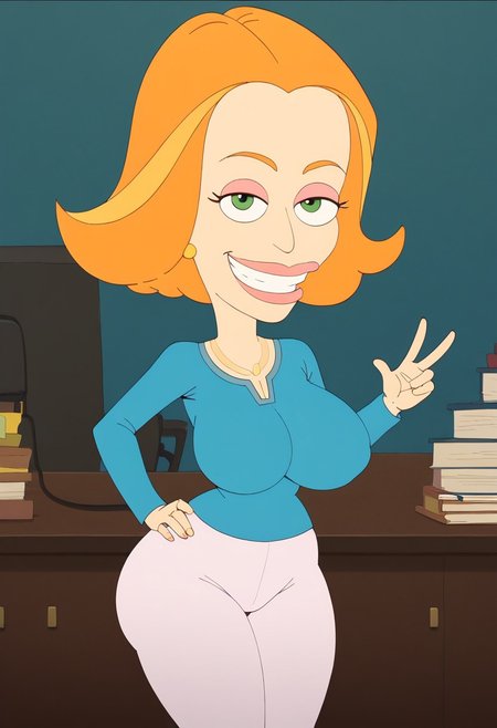 score_9,score_8_up,score_7_up, score_6_up, Score_5_up, Expressiveh, perfect eyes, (detailed face and eyes:1), source_cartoon, looking at viewer, perfect teeths, 1girl, solo, massive Breasts, wide areola, Colored, Venus body, motion blur, social smile, tall stature, thick thighs, narrow waist, big ass, huge ass, (fists on hips), standing, perfect eyes, head on, front pose, 
BREAK: in a office
BREAK
1girl, Solo, Diane_BM, light skin, green eyes, orange eyebrows, orange hair, short hair, pink lips, pink eyeshadow, blue shirt with v-neck, white skinny jeans, golden earrings, golden ring, golden necklace, yellow flat shoes, perfect smile, perfect lips, perfect teeths