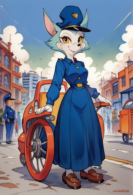 score_9, score_8_up, score_7_up, score_6_up, score_5_up, score_4_up, masterpiece, perfect face, perfect hands, high quality, source_cartoon, watercolor \(medium\), traditional media, merustyle, dynamic pose, side view, furry, carmen_patrol_03, carmen_fox, young adult, blue fox, 6 heads tall, fox girl, furry, yellow eyes , medium perky breast, thin waist, cute, detailed face, smiling, Police uniform, blue hat, mini skirt, bare legs, loafers, looking viewer, 
Powered Wheelchair, cyberpunk style wheel chair, mechanical parts, robot manipulator with wheelchair,