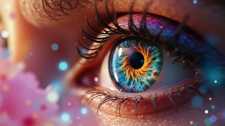 A close-up shot captures the mesmerizing details of a woman's eye, where the iris transforms into a vibrant fractal design bursting with bright colors like electric pink, cheerful yellow, and radiant turquoise. Each swirl and loop of the fractal draws the viewer into its intricate patterns, radiating energy and joy, embodying the spirit of C183kw8rx. The delicate edges of her iris are beautifully defined, with tiny color flecks adding depth and dimension. Veins within the sclera are subtly visible, while glimmers of light dance across the surface, enhancing the vivid spectacle. The background blurs into a soft cascade of pastel hues, creating a playful contrast with the fractal, while a lively mandelbrot pattern faintly pulsates around the edges, enriching the scene with an enchanting touch of retro-futurist cosmic surrealism.
<lora:C183kw8rx_v3_c5f1f0ef:1.5> <lora:retro-futurist-cosmic-surrealism-flux:1>