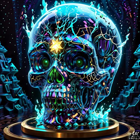 detailed, realistic, 8k uhd, high quality, masterpiece, crystal scull, glowing, shining, magic runes, particle effects, on a pedestal