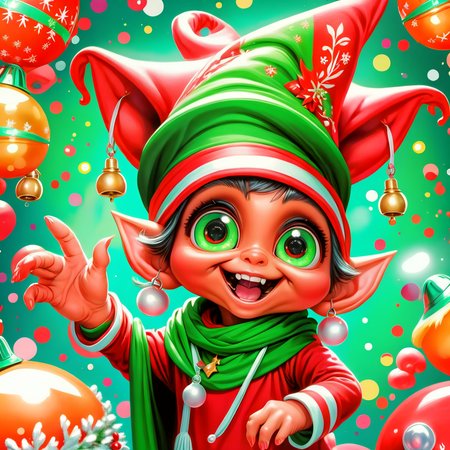 hyper detailed masterpiece, dynamic realistic digital art, awesome quality,  Small humanoid creature, Pointed ears,  Bright and festive attire, red, green, holiday colors,  pointed hat with a bell on the tip,   Merry cheerful expression, Rosy cheeks, lively eyes,