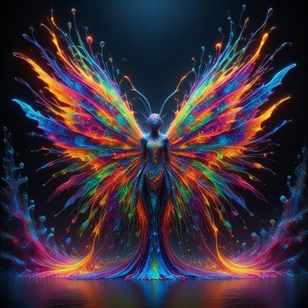 Colorful Chaos Cracks and Drops, professional photography of an fantastical fairy princess entirely made of cyberflies with whimsical elements, swirling magic, eerie fairytale landscape, elaborate fantasy style art, very colorful, intricate details, ultra sharp, exquisite detail, flawless composition, vivid colors, masterpiece, exciting background, TAS, TASvisuals, Psychedelic , Rave, Elaborate , Blacklight , Vibrant , cyberflies, black light paint, blp, Colorful Chaos Cracks and Drops, mad-glowtiedye, made out of,colorful,liquid,Murano Art Glass