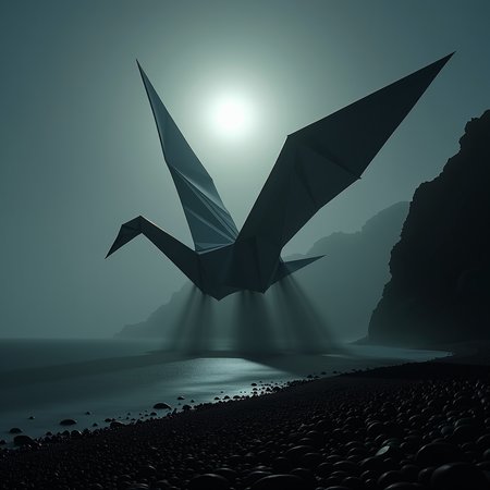 Chiaroscuro Lighting Style, LowKeyLights_v2, On a dim, ominous moonlit night, a gigantic origami crane looms over the nearshore waters of the Scottish Highlands. Partially covered in shadows and shrouded in swirling mist that rises eerily from the sea, the craneâs stealthy presence is unsettling, evoking a sense of unease and dread. The faint, dull glow of the moon casts a pale light, subtly outlining the sharp, angular lines of the paper crane, making it appear both ghostly and formidable. The mist wraps around the crane, obscuring parts of its form, as if the creature is emerging from or retreating into the darkness. The scene is heavy with an ominous atmosphere, where the stillness of the night and the hidden details within the fog amplify the terror of the unknown  <lora:Chiaroscuro Lighting Style v1:1>  <lora:low-key_lights_v2:0.2>