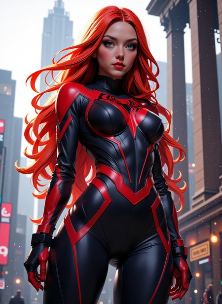 full body view, photoshoot poses, dynamic angles, multiple angles, photoshoot poses;A photo of MJ_Marv3l, cosplaying as spiderman, is a digital illustration, playful, and whimsical. The image features a woman with red hair wearing a black and red spiderman suit. She is standing in front of a cityscape, with a building visible in the background. The woman is posing confidently, showcasing her costume and the spiderman logo on her chest. The overall composition of the image is dynamic and visually engaging, capturing the essence of the spiderman character. with a sense of action and adventure. Style: realistic hyper-detailed rendering, 32k UHD, expressive eyes, punk, graphic design, girl's face, pretty and cute, gleaming lips, telling a tale of adventure. Exuding confidence and serenity. The overall mood of the image is happy and relaxed,detailed skin texture,(blush:0.2),(goosebumps:0.3),subsurface scattering,with a playful and whimsical tone, Niji style, detailed hand, perfect hands, 