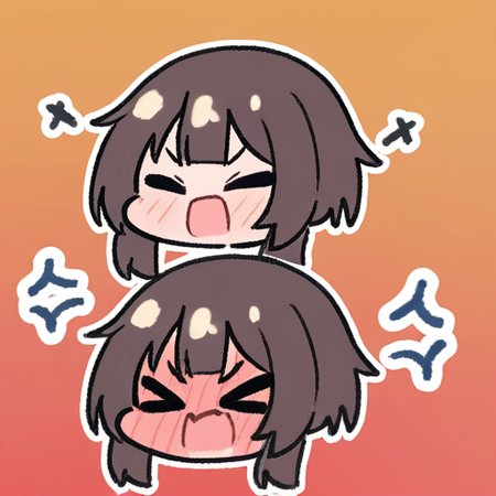 by: Miratsu 169 (masterpiece,best quality,absurdres:1.2), vibrant,highly detailed, 
megumin, chibi, big head, angry, cowboy shot,closed eyes, open mouth, full-face blush, 
<lora:miratsu_noob:1>, simple background,