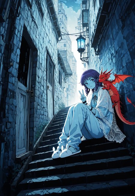masterpiece, best quality, amazing quality, very aesthetic, absurdres, newest, 8k, nistyle, Studio Ghibli Dark Fairytale,
BREAK,
1girl, purple hair, lace ringlets, lace shawl, lace wrist cuffs, sitting, pajama bottoms, legs together, animal slippers, backlighting, tiny red dragon on shoulder, cute red dragon, face focus, closeup, legs spread, looking at viewer, peace sign,
BREAK,
stairs, stoop, outdoors, alley, door, blue theme, background city, glowing sky, modern fantasy art, dramatic, daylight, well lit, dynamic angle, detailed background, dramatic lighting, depth of field, volumetric lighting