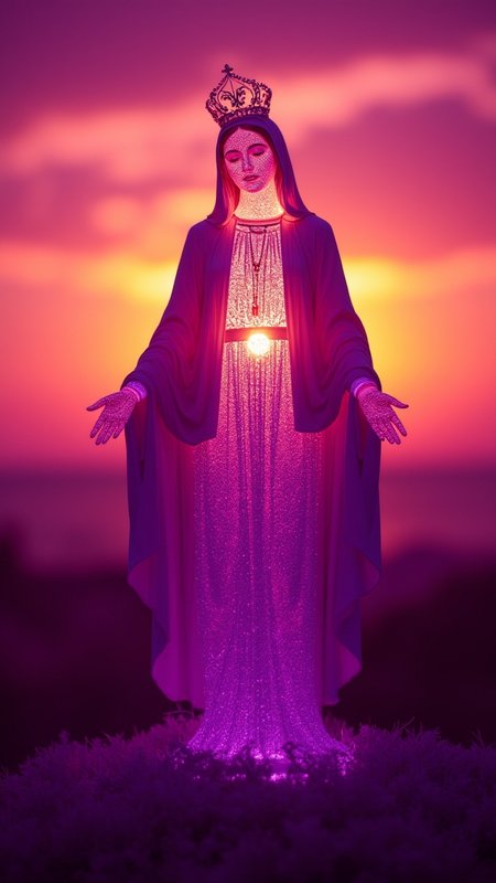 Concept art, a Purple and intricate design depicts the Virgin Mary, her radiant body illuminated by the Plushy glow of a sunset. The sky is painted in shades of orange and pink, with the sun setting behind her. detailmaximizer, Bokehmachine