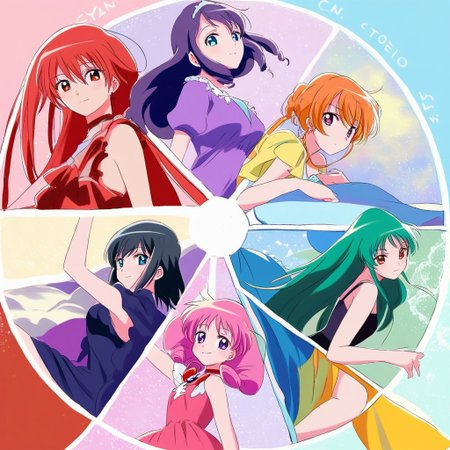 masterpiece, best quality,
source_anime, deep colors, 
high quality, high resolution, detailed, highres, highly detailed, intricate details, 
mj manga,
(color_wheel_challenge:1.2), multiple girls, magical girls, mahou shoujo,
red hair, pink hair, orange hair, yellow hair, green hair, cyan hair, blue hair, purple hair, violet hair, black hair, 
red dress, pink dress, orange dress, yellow dress, green dress, cyan dress, blue dress, purple dress, violet dress, black dress,