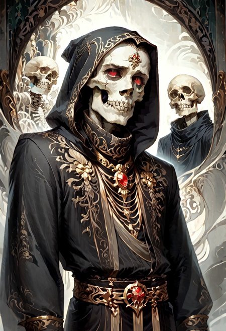 8k, score_9, score_8_up, score_7_up, Art Noveau, masterpiece, 1man (skeleton), (skull face), empty eye sockets, glowing red eyes, grey skin,
intricate black robe, intricate gold sash, black pants, black hood, gold trim, black capelet, high collar, no ears, long sleeves, long intricate gloves, emerald amulet. bracers,