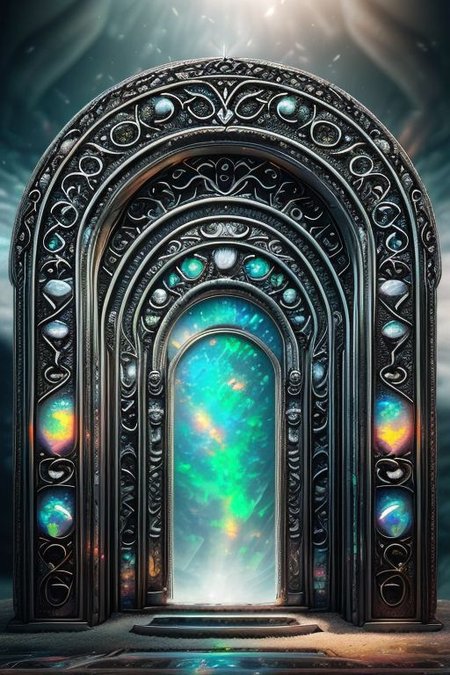 Hyperrealistic art, lush green wooded mountain pass landscape, a fantasy glowing Vivid multi-colored Runes covered ((silver)/(black ral-opal)) Circular gate (portal:1.3), a detailed matte painting by Mike Winkelmann, cgsociety, fantasy art, blue sky, Extremely high-resolution details, photographic, realism pushed to extreme, fine texture, incredibly lifelike