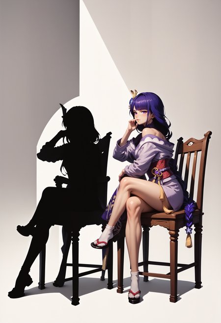 score_9, score_8_up, score_7_up, silhouette, simple background, <lora:Silhouette_SakuraTaisen_pdxl_Incrs_v1:1>, [2girls:1girl, solo:4], raiden shogun, sitting, chair, crossed legs,