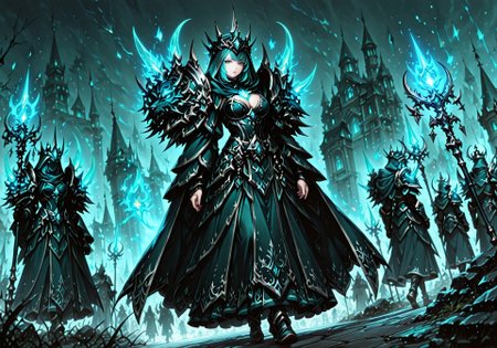 masterpiece, best quality, ultra-detailed, absurdres, 64K, high resolution, concept art, official art, illustration, fantasy illustration, very aesthetic, highly detailed, beyond intricately detailed, stylized, stunning, smooth quality, colorful, digital artwork, abstract, HDR, raytracing, high contrast, dramatic shadows, depth of field, particle effects, glow, ornate design, sharp focus,  highly detailed face, (full body:1.2), character-focused scene, vanishing point, BREAK, 

(Dutch angle, from below, atmospheric view:2), 

(1girl, sexy petite adult body, large breasts, seductive personality, cute face, lustful teal eyes, silver Gothic style makeup, lewd expression, cleavage nearly popping out, fantasy witch in dark teal and black arcane armor, (glowing teal energy spikes on shoulders and crown:1.6), intricate silver trim, long flowing robe with angular hem, elegant and regal silhouette, hooded, ornate and sharp fantasy armor, walking confidently through a battlefield:1.6) of ( an abandoned medieval fantasy City), 
