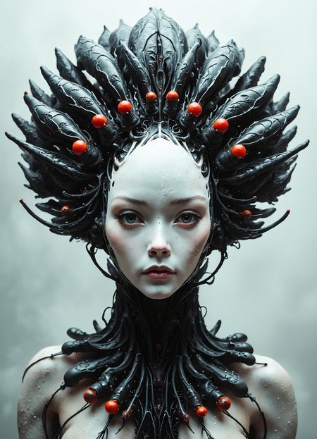 Surrealist portrait of an otherworldly being, its pallid, elongated face emerging from a stark grey background. The creature's skin is alabaster white, smooth and almost porcelain-like in texture. Its eyes, set deep in hollow sockets, gaze intensely at the viewer with an unsettling, alien intelligence. The being's head is adorned with a living, biomechanical crown that arches back symmetrically. This ornate headdress consists of glossy black segments reminiscent of an exoskeleton, each segment tipped with a vibrant red sphere, creating a hypnotic pattern of black and red. Similar biomechanical structures extend down the creature's neck and chest, forming an intricate, organic necklace. The overall composition evokes a sense of regal alienness, blending the biological with the mechanical in a dreamlike fusion. The lighting is soft yet dramatic, emphasizing the contrast between the being's pale skin and the dark, gleaming structures adorning it. This image captures a moment of surreal beauty and unease, challenging the boundaries between flesh and machine, familiar and foreign.
