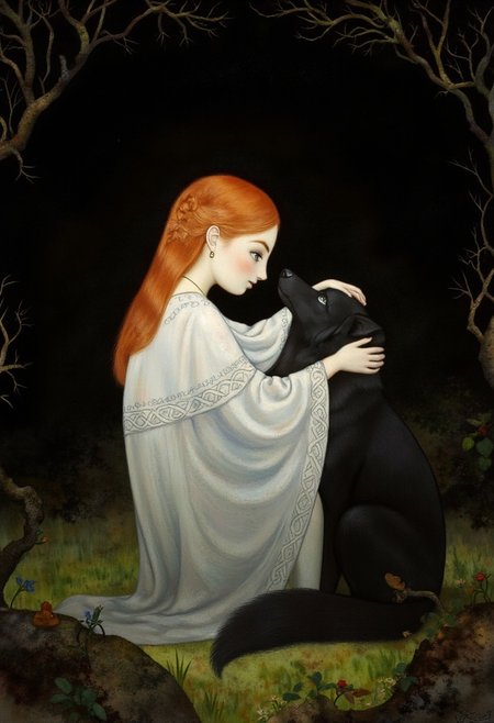 SecretKells Victorian era oil painting by Henrietta Rae, full  body portrait of a beautiful young woman with red hair kneeling in the forest, her intricate sheer Celtic-patterned cloak flowing softly around her, set against a dark forest backdrop. her black wolf sitting next to her, her hand on the dogs head, while delicate swirling lines frame her face. Animated, stylized, detailed portrait, mystical atmosphere.