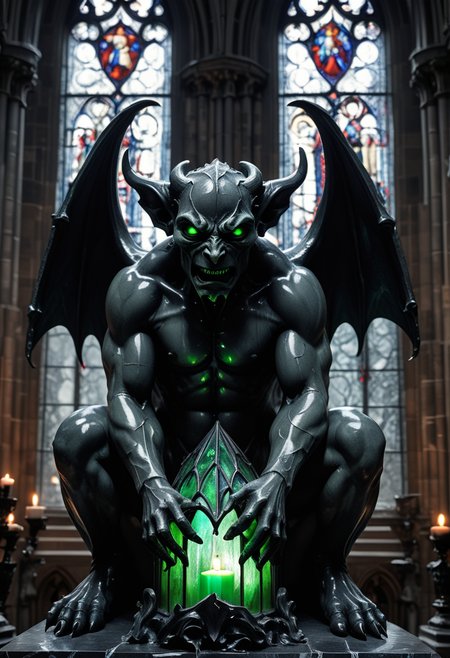 (medium full shot) of (petrifying obsidian black cracked stone gargoyle) with humanoid body , dark green eyes, twisted horns, claws, set in  a grand gothic cathedral, featuring stained glass windows, flickering candlelight, a mystical ambiance, during a storm, ,Masterpiece,best quality, raw photo, realistic, very aesthetic, dark