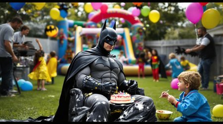 Realisitic picture. Batman sitting awkwardly in a tiny chair at a children's birthday party in a suburban backyard, surrounded by balloons and kids in superhero capes. His cape is draped over the grass, slightly stained with cake frosting. A half-eaten slice of Batman-themed cake rests on a paper plate in his lap. Behind him, a bouncy castle looms with kids jumping wildly, one wearing a homemade Robin costume. Balloons shaped like bats float around, and a confused dad grills hot dogs nearby. Batman stares straight ahead, completely motionless, while a small child paints glitter stars on his gauntlet.