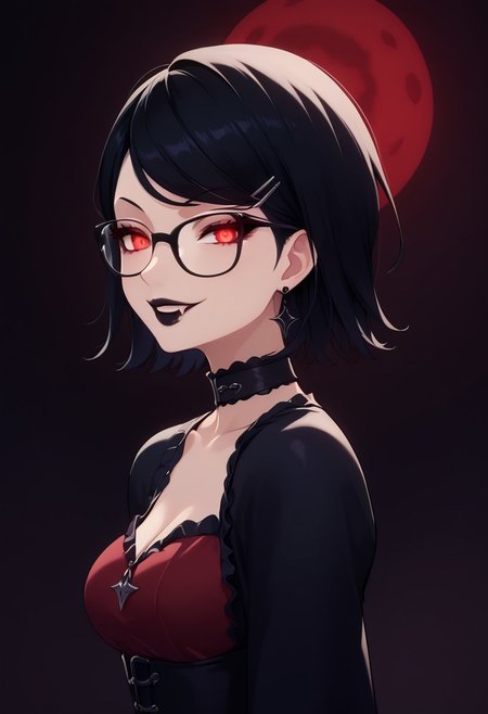score_9, score_8_up, score_7_up, score_6_up, (haaru),concept art, digital artwork, highly detailed, sharp focus, portrait, katayamap5x, black hair, short hair, hairclip, glasses,<lora:princess_xl_v2:0.3>, <lora:VampirePonyLora:0.9> vampire, red eyes, glowing eyes, fangs, <lora:Gothic:1>, GothicC, makeup, black lipstick, mascara, black nails, gothic dress, black dress, red dress, covered shoulders, fishnet, half closed eyes, smug, evil smile, dark background