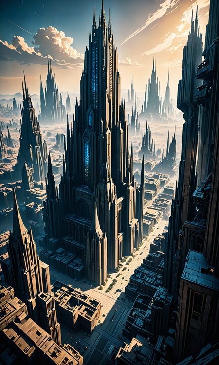 The most amazing dream you ever had about an alien world. The cityscape is a large brutalist building with high windows and buildings, it has many tall spires made of metal-plated stone towers over a vast desert landscape by Noah Bradley in the style of Frank Frazetta. Cinematic, volumetric lighting, 8k, photorealism, extremely beautiful, <hypernet:BadHands:1> <lora:Fast:0.69>
