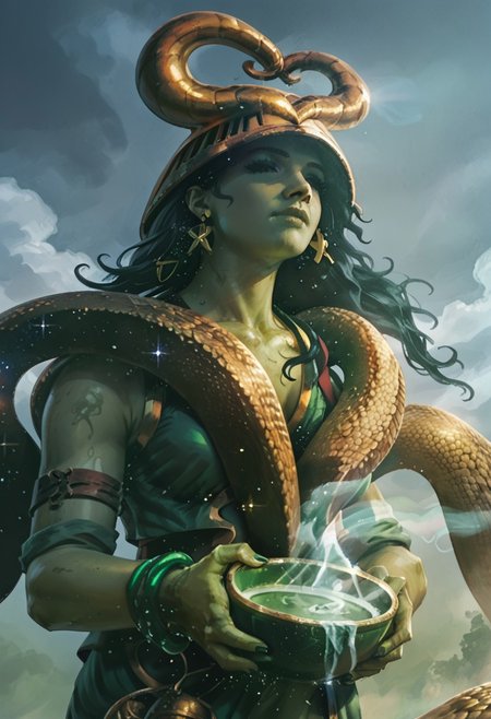 score_9, score_8_up, score_7_up, score_6_up),, (high quality), (high resolution), oil painting, (Pharika_Magic,  goddess, naga,  yellow  cosmic glow on skin, yellow cosmic glow,  green skin,, dark sclera, black sclera, dark eyes, long hair, black hair,  golden scales, snake lower body, two snakes coming from the chest,, headwear, golden helmet, green armor, gold trim, green robe, three jars on waist, bracelets, one green bowl, earrings), imposing pose, BREAK, green mist, dark sky, green fog, poison, green glow,