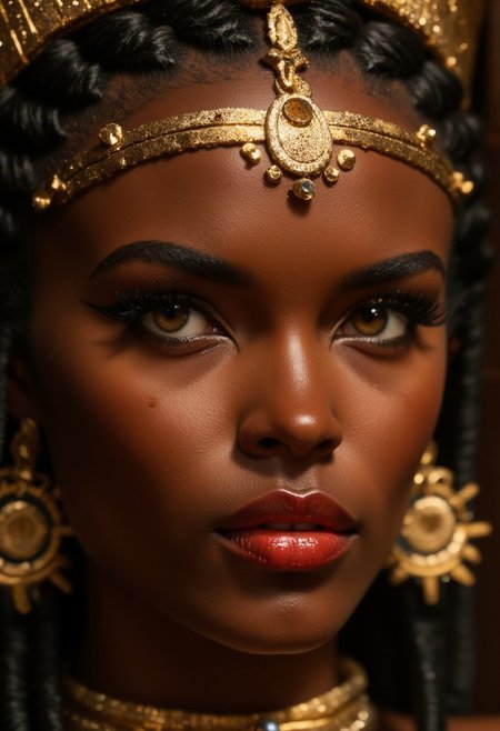 A sensual close-up portrait of Makeda, Queen of Sheba, her face illuminated with soft, golden light that enhances her regal beauty. Her lips are full and meticulously detailed, with a slight sheen of deep crimson gloss, parted ever so slightly to reveal their natural allure. Her iconic eye makeup is striking: bold, black kohl lines extend dramatically from her almond-shaped eyes, winging outward with precision to form the classic Egyptian "feline flick." A shimmering band of gold eyeshadow accentuates her eyelids, blending seamlessly into her black skin tone. Her thick, jet-black lashes curl upward, framing her penetrating gaze, which is both seductive and commanding. Tiny beads of sweat glisten on her flawless complexion, adding a subtle sensuality. Her high cheekbones are lightly brushed with a warm bronze tone, emphasizing her face's elegant structure. Makeda, Queen of Sheba look is the epitome of opulence and mystery, her beauty a timeless invitation to fascination.
