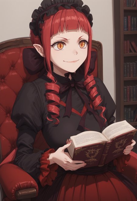 <lora:Rafflesia>,rafflesia,score_9,score_8_up,score_7_up,highres,high res,detailed,masterpiece,1girl,(solo),bright colors,detailed face,detailed eyes,multicolored eyes,red eyes,red hair,orange eyes,slit pupils,demon girl,frills,twintail,frills,medium breasts,smirk,reading a book,chair,closed mouth