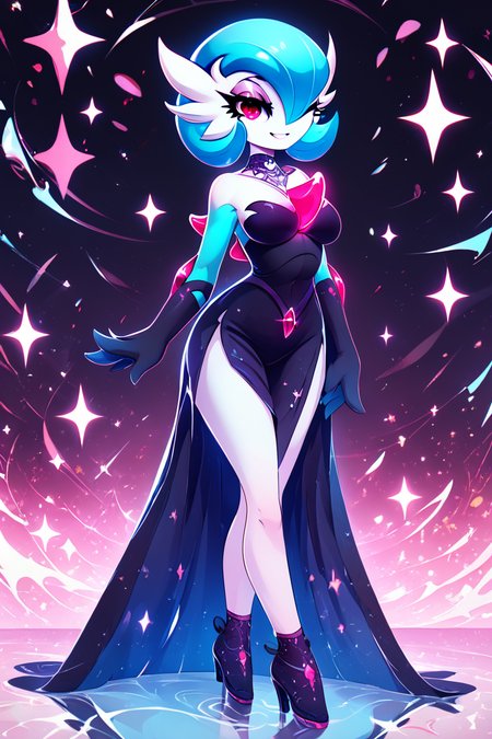score_9, score_8_up, score_8, medium breasts, (curvy), cute, eyelashes,       BREAK, , zzshinygardevoir, dress, bare shoulders, medium breasts, standing, collarbone, black dress, gloves, elbow gloves, strapless dress <lora:Shiny_Mega_Gardevoir_PDXL:1.0>,     , BREAK, socks, big shoes, ,,, smile, looking at viewer, cowboy shot, ,,, embedding:zPDXL, Expressiveh, ,,, <lora:CuteToonPDXL:0.8>, <lora:SDXLFaeTastic2400:0.5>, <lora:Expressive_H-000001:0.4>,