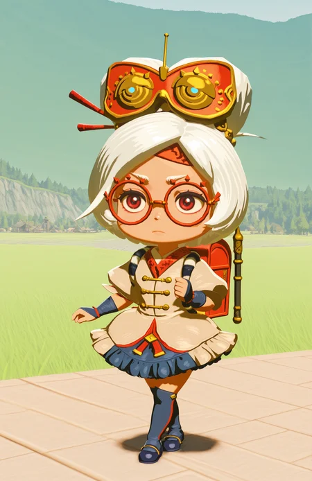 <lora:anatomy_helper:0.8> 1girl, solo, dam, full body, serious, confidant,,crossed legs, 3d
<lora:LilPurah-IL:1> prhmini, red eyes, red-framed eyewear, red-framed eyewear, beige jacket, blue skirt, frilled skirt, blue socks, kneehighs, blue footwear, mary janes, red headband, goggles on head, hair stick, hair beads, fingerless gloves, blue gloves, petticoat, randoseru, red bag, bag straps, blue and white striped strap, chibi, extremely detailed, highres, masterpiece, best quality