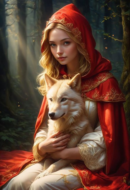 score_9, score_8_up, score_7_up,
hyperdetailed, hyperrealistic, 8k, high quality, hi res, best quality, high quality, absurd res, natural lighting, intricate, soft warm lighting,(perfect hands), (perfect fingers),
Little Red Riding Hood, blonde woman, sitting on the ground,  hugging the Big Bad Wolf