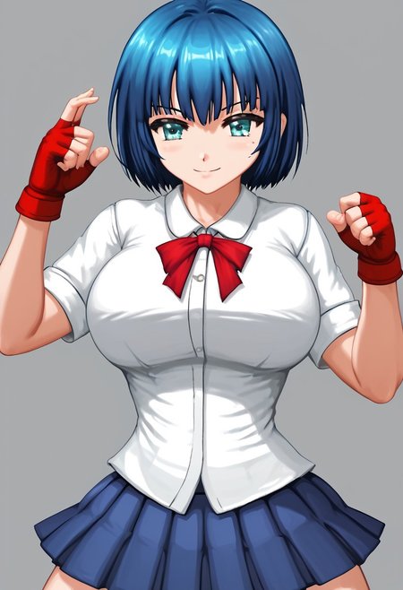 score_4,score_5,score_6,score_7_up,score_8_up,score_9
((masterpiece,best quality,ultra detailed,highres,HD,4k:1.2)),
(large breast:1.2),1 cute girl,solo,young,
JSK Studio,Solo girl,blue hair,Short cut, bob cut,aqua eyes,
school uniform,Red ribbon, fingerless gloves, red gloves,
fighting pose, action pose,
smile,light smile,