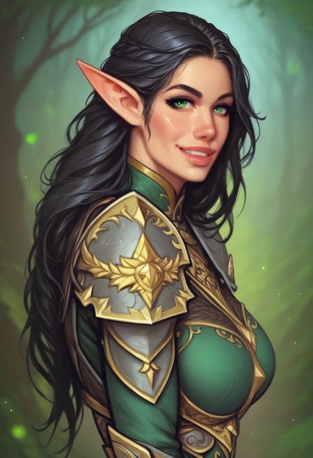 1girl, (((side view))), from front, 1girl, illustration, comic style, highly detailed, skinny, model body, looking at viewer, 1girl, masterpiece, best quality, naestra, solo, pointy ears, black hair, long hair, elf, 1girl,  green eyes, half face mask, <lora:Naestra:1.3>, (((dynamic pose)))
BREAK
(((Warhammer Fantasy Battle style)))
((Elven gold Lamellar armor)), green clothes, ((((elven sword in hand)))), dynamic pose, ready to fight
BREAK
slight smile, looking at viewer
long hair, black hair, big hair, green eyes
best quality, depth of field, bokeh, (((full clothed))), dynamic pose
BREAK 
(wild forest:1.2) score_9, score_8_up, score_7_up, score_6_up, source_cartoon, rating_explicit, Expressiveh, ((((upper body))))), dynamic pose, dynamic pose