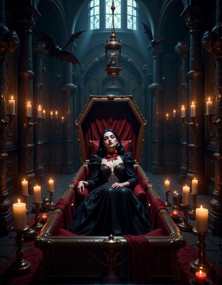 pinketherealmj, aidmaimageupgrader, vampire in a (oversized wooden coffin:2) at center sleeping eyes closed a creepy hanging cage with a human skeleton inside, shadowy castle, a dark chamber is illuminated by flickering candles that cast eerie shadows on stone walls adorned with tapestries of lost battles, bats flying in the room. Blood red potion on the table, light streaming down from the roof. At the center lies a beautifully carved coffin surrounded by candles with an open lid, revealing a vampire nestled within luxurious red velvet. Her makeup is heavily stylized, with a pale face, dramatic dark eyeshadow, dark eyeliner, dark red lipstick. She wears a black, long-sleeved costume or outfit that is reminiscent of Victorian-era or fantasy clothing. The costume features a high, dramatic collar. There's a large red bow that sits prominently at the top of a corset-style bodice, emphasizing the juxtaposition of red against the dark clothing, dramatic shadows, epic fantasy, 8k high resolution, ray tracing, volumetric lighting
 <lora:PinkieEtherealMJFLUX-v2.0:0.7> <lora:DarksunRIDDV3:0.4> <lora:aidmaImageUpgrader:0.5>