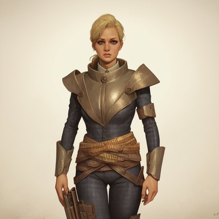 Score_9_up, source_8_up, source_7_up, source_realistic, BREAK 1girl, solo, Mags, blonde hair, pompadour, low ponytail, lips, checkered suit, armor, bandelier belt, thigh holster, standing, crossed legs,