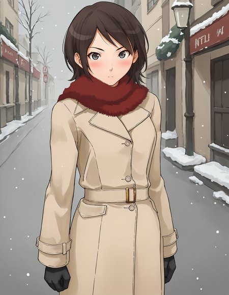score_9, score_8_up, score_7_up, score_6_up, score_5_up, score_4_up, <lora:MayaT_T2V0:0.80>, <lora:sdxl_lightning_8step_lora:1>,
source_anime, 1girl, solo,
MayaT_T2V0, brown hair, medium hair, swept bangs, grey eyes, medium breasts,
winter clothes, 
red scarf, trench coat, light brown coat, black gloves, 
standing, 
looking at viewer, blush, raised eyebrows, 
outdoors, street, winter, snowing,
