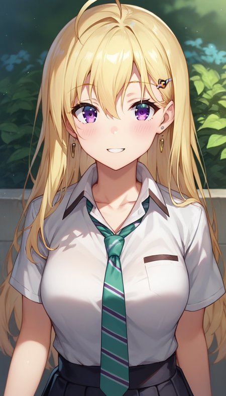 score_9,score_8_up,score_7_up,score_6_up BREAK official art,solo,outdoors,upper body,(portrait:1.5),looking at viewer,facing viewer,smile,blush,Ayase Saki,ahoge,long hair,blonde hair,hair ornament,hairclip,jewelry,earrings,hair between eyes,bangs,purple eyes,collarbone,school uniform,white shirt,dress shirt,collared shirt,green necktie,striped necktie,short sleeves,medium breasts,skindentation,miniskirt,black skirt,pleated skirt,black socks,loafers,brown footwear,<lora:Ayase Saki(gs)-Pony:1.5>,