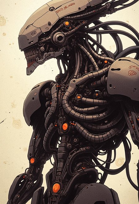 A highly detailed mechanical creature, inspired by futuristic and alien technology, (composed of intricate metal parts) and (complex robotic structures). Its body features (sleek, armored components) with (detailed cables and tubing), resembling a biomechanical organism. The (head is elongated), reminiscent of an extraterrestrial form, with mysterious symbols and inscriptions (etched onto the metallic surface). The posture is powerful and dynamic, evoking a sense of both strength and intelligence. [Muted tones of gunmetal grey and black] dominate the color palette, with (subtle highlights of orange and red) accenting the joints and critical points. The background is minimalistic, allowing the focus to remain on the highly detailed construction of this machine-being, creating an atmosphere of advanced technology and enigmatic purpose