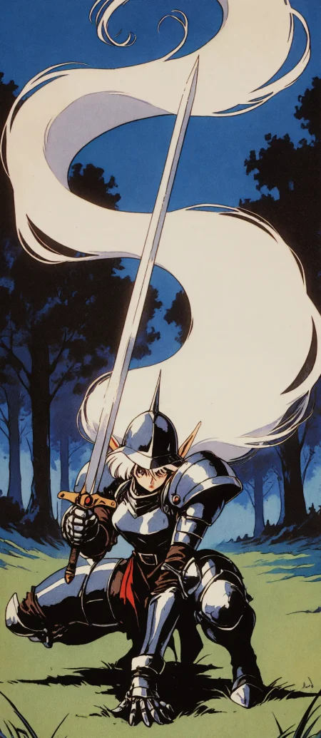 masterpiece, best quality, knva, retro illustration, retro artstyle, bloom, high contrast, detailed texture,,1girl, elf, elvaan, pointy ears, steel armor, white hair, windy, absurdly long hair, steel helmet, blue sky, grass, trees, holding, weapon, sword, dynamic pose, combat stance|battle stance, particle effects, action, combat,