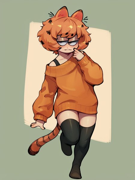 score_9, score_8_up, score_7_up, score_6_up, score_5_up,   <lora:garfieldXLP:1> garfield, animal ears, solo, 1boy, tail, sweater, orange hair, short hair, thighhighs