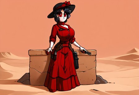 score_9, score_8_up, score_7_up, BREAK, ais-cowboyz, solo, eyelashes, cute, 1girl, looking at viewer, Aria, red eyes, black hair, hat, source_cartoon, large breasts, bright colors, 1890_dr3ss, holster with gun, revolver, full body image, desert, rock, wall