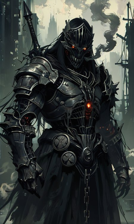 A dark atmospheric digital painting of a heavily armored knight with glowing red eyes smoke swirling around set against a gothic ruined cityscape.<lora:- NAI - ac_illustration_V1.0-step00011000:.4>  <lora:- NAI - PdJ_highres_counterweight_V.2.0-step00021000:0.7>   <lora:- iLL - the_edgy_mech_V3.0:0.2>