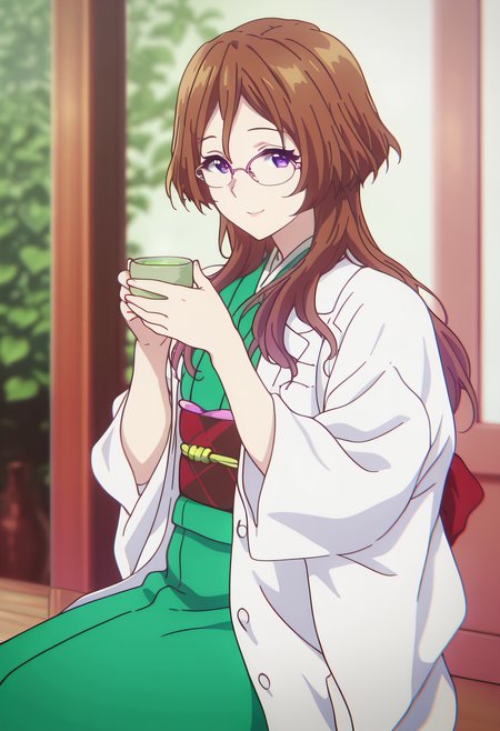 masterpiece, best quality, amazing quality, very aesthetic, absurdres,

1girl, solo, Arisu Himeno, brown hair, purple eyes, long hair, glasses, pink-framed eyewear, 

green kimono, japanese clothes, sash, obi, labcoat, 

sitting, smile, looking at viewer,

holding cup, drinking a tea, green tea, tea cup, 

anime coloring, 

dof, greenery background, 

kyoto animation,


