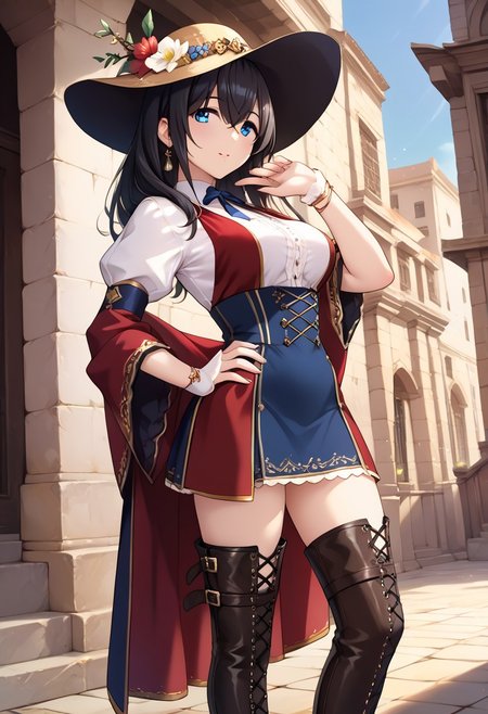 score_9, score_8_up, score_7_up, score_6_up, score_5_up, score_4_up, source_anime, 
sgswfmk, hair between eyes, bangs,
blue eyes, black hair, long hair, large breasts, wide hip,
hat, cowboy western, thighhighs, boots, jewelry,
1girl,