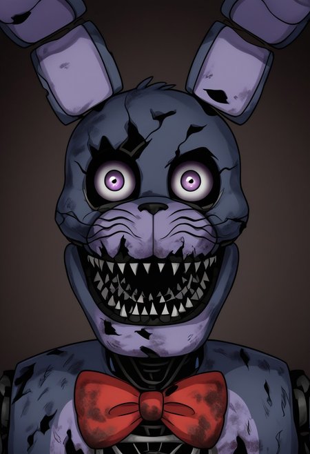 Nightmare Bonnie, withered body, dirty, Evil Smirk, staring at viewer, Horror (theme)