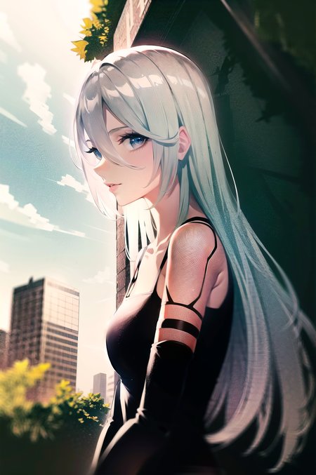 yorha type a no. 2,

close up, upper body, female focus, 

1girl, absurdres,  android, armlet, bare shoulders, black gloves, black tank top, blue eyes, elbow gloves, gloves, hair between eyes, joints, long hair, science fiction, solo, tank top, white hair, 

robot, robot joints, mechanical parts, city, cloud, debris, grass, highres, outdoors, overgrown, post-apocalypse, rubble, ruins

<lora:yorha_type_a_noDOT_2:0.7>