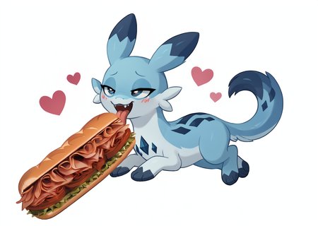 score_9, score_8_up, score_7_up, score_6_up, score_5_up, score_4_up, feral chillet licking a sandwich, tongue, freshcock, eatfresh, behaving like a cat, blue body, full body, show accurate, cute, dark blue diamond chest markings, unconventional, bedroom eyes, heart background, tangible<lora:chillet-v3e10:1>,<lora:EatfreshPDXL:1>