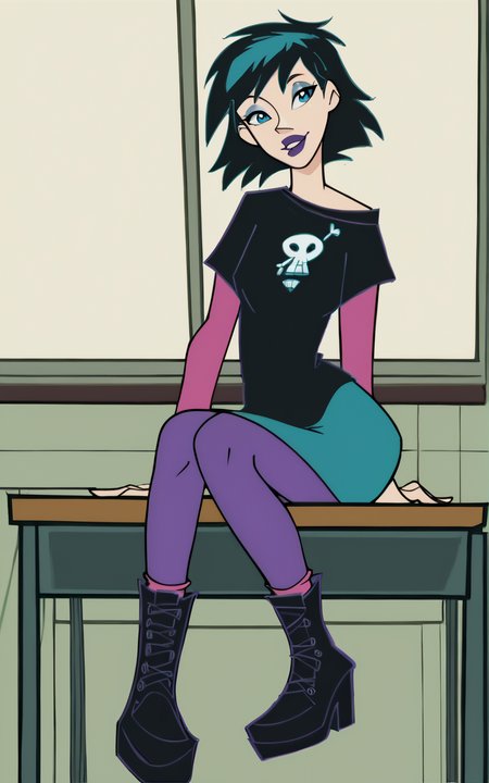 score_9, score_8_up, score_7_up,((best quality)), absurdres, <lora:BolivanteStyle:0.8>,  <lora:CHCRCPXL:0.8>,CHCRCPXL,purple lips, purple pantyhose, black hair, pantyhose, skirt, black footwear, shirt, short over long sleeves, layered sleeves, boots, makeup, long sleeves, black shirt, lipstick, aqua skirt, socks, short sleeves, short hair, multicolored hair, shirt print, blue eyes,solo, sitting, classroom, inside, sitting,slim,desk