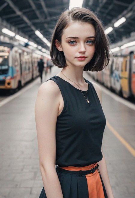 (Flat chest:1.1), young, 18y, (cute:1.3), skinny, tiny waist, dynamic pose, cuteness overload, 
incredibly detailed masterpiece, color contrast, well defined face with interesting features, hyperrealistic, wearing unique fitting aesthetic clothes, vivid colors on accessories and matching outfit, complex patterns in eyes resembling the universe, motion and action in background, leading lines and visual cues directing attention to mouth, image split to rule of thirds,
spiky bald hairstyle, short hair, pale skin, 1girl, jet black hair, ((hair cut super short,)), smile, teeth, lips, side cut hairstyle,
