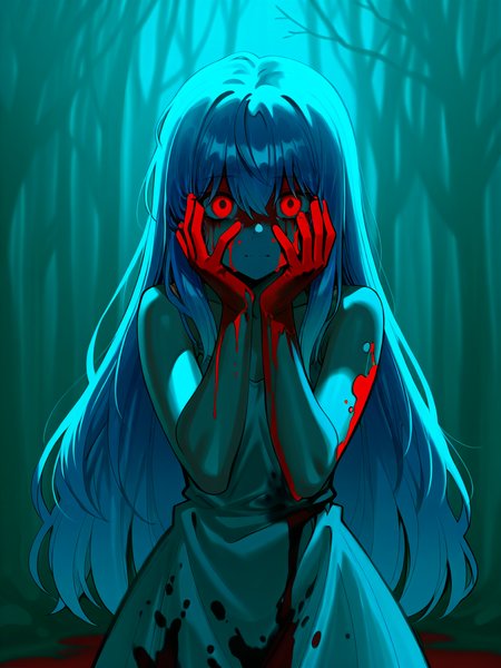 1girl blood blood_in_hair blood_on_clothes blood_on_face blue_hair dress empty_eyes glowing glowing_eyes grey_dress hands_on_own_cheeks hands_on_own_face long_hair red_eyes solo
, <lora:kairunoburoguIL:1>, masterpiece, best quality, amazing quality,