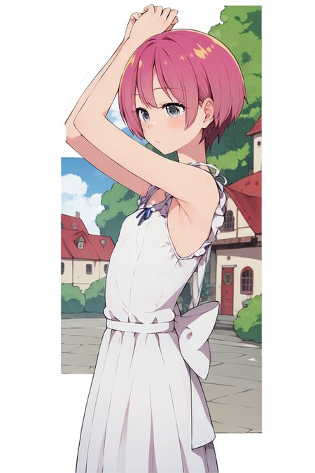 score_9, score_8_up, score_7_up, source_anime , 1girl ,  intricate details, highly detailed background, intricate details, highly detailed background, masterpiece, high quality, prefect hands, best quality,  masterpiece, high quality, prefect hands, best quality , small breast , blush , outdoor ,  town , standing   ,  solo  , 
   , <lora:DetailedEyes_V3:1> <lora:tweak-detail-xl:1>  
,MizukiPN , 1girl , gray eyes , pink hair , short hair , small breast ,   <lora:Suzushiro_Mizuki_Boku_Girl:1> , white dresses , sleeveless , sundresses , armpits ,
