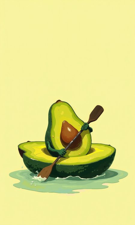A stylized illustration of an avocado paddling a small boat or raft. 
The avocado, in a cartoonish style, is positioned in a boat-like shape formed by the cut surface of another avocado, with the pit of the avocado centrally situated. 
The avocado pit is a rich, dark brownish-green, and the boat-like avocado sections are bright, lime-green, showing some slight variations of shading and texture, hinting at the skin's structure. 
A dark-colored, simple oar or paddle extends from the upper left side and from the lower right, indicating the avocado is propelling itself, sitting in a body of water. The water is depicted by a pale, slightly diffused yellowish shade that creates a background for the avocado.
The background is a solid, pale yellow that contrasts with the avocado. The overall style of the illustration is simple and colourful, with a playful and humorous feel.
<lora:FLUX-daubrez-DB4RZ-v2:1> DB4RZ, DB4RZ style painting